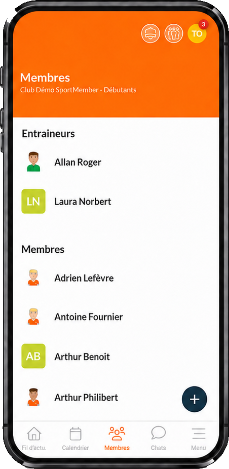 La liste des membres du club dans l'application SportMember